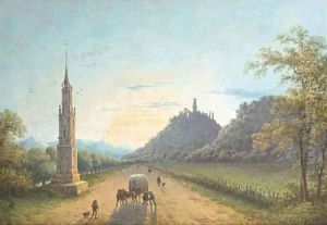 A view of the road from Bonn to Bad Godesberg in Germany at sunset, with a gothic monument on the left and the ruins of Godesberg castle by Joseph Augustus Knip