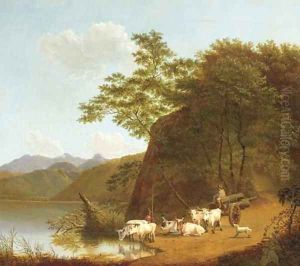 Oxen resting by the lakeside, Italy by Joseph Augustus Knip