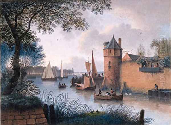 A Town Wall with a Jetty by a Tower at an Estuary and Fishermen mooring, elegant company looking on from a balcony - view 1