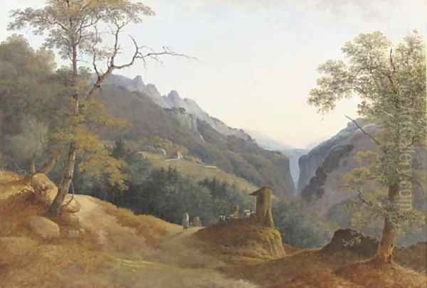 An extensive landscape with travellers at a roadside shrine, a steep gorge beyond - view 1