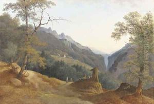 An extensive landscape with travellers at a roadside shrine, a steep gorge beyond by Joseph Augustus Knip