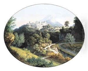 An extensive montainous landscape with a town on the top of a hill by Joseph Augustus Knip