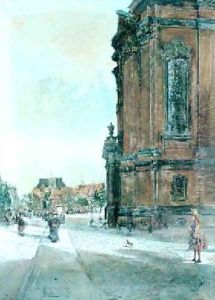 Street Scene near St Michaels Church in Hamburg by Gotthardt Kuehl