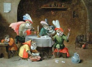 A Tavern Interior with Monkeys drinking and smoking by Ferdinand van Kessel