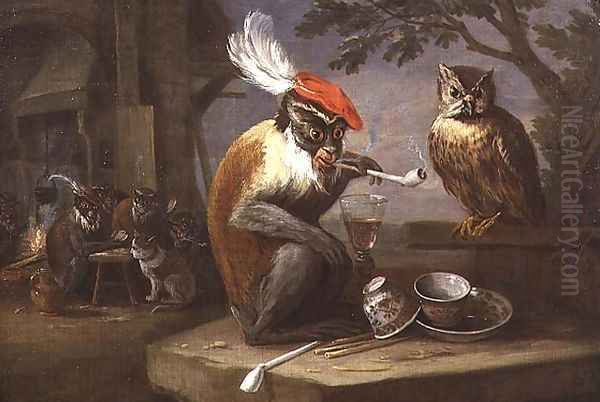 A monkey smoking and drinking with an owl - view 1