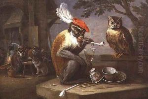 A monkey smoking and drinking with an owl by Ferdinand van Kessel