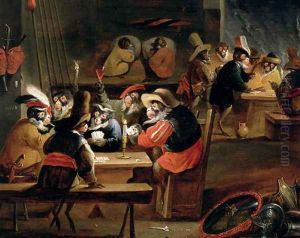 Monkeys in a Tavern detail of the card game by Ferdinand van Kessel