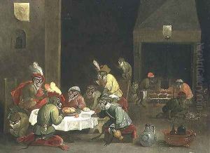Monkeys in a Guard Room Interior by Ferdinand van Kessel