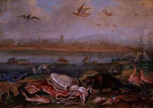 Creatures from the four continents in a landscape with a view of Canton in the background by Ferdinand van Kessel