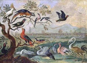 Birds from the Four continents in a landscape with a view of Peking in the background by Ferdinand van Kessel