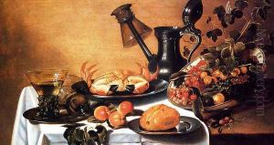 Still Life Of Fruit With Crab, Overturned Roehmer On Spout Of Jug by Cornelius Kruys