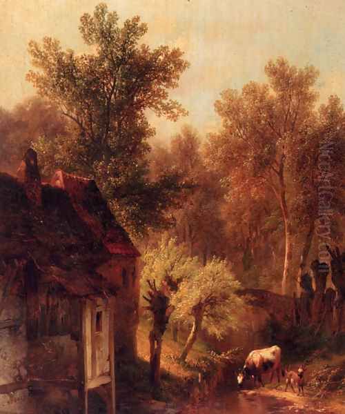 A Wooded Landscape With Cattle And A Cottage Along A Brook - view 1