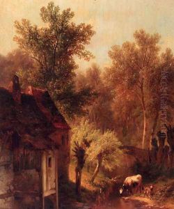 A Wooded Landscape With Cattle And A Cottage Along A Brook