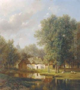 Sheep before a farmhouse in a wooded river landscape by Pieter Lodewijk Kuhnen