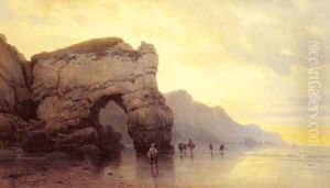 Fisherfolk on a Shore at Sunrise by Carl Joseph Kuwasseg