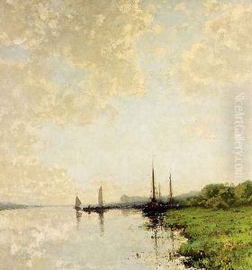 A Summer Landscape With Boats On A Waterway by Cornelis Kuypers