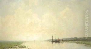 Moored boats on a river at dawn, Renkum by Cornelis Kuypers