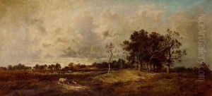 A hay-wagon before a herd of cattle in pasture by Karl Kubinsky