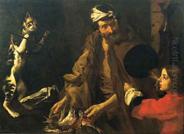 A fishmonger, a boy and a cat weighing a piece of ham on a set of scales - view 1