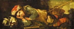 A recumbent shepherd boy with a sleeping dog by his side, a wicker basket at his feet by Bernhard Keil, Monsu Bernardo