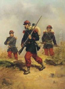 French infanterists on reconnaissance by Hermanus Willem Koekkoek