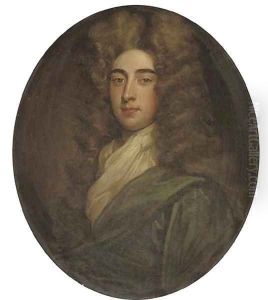 Portrait of a gentleman, traditionally identified as Thomas Hanmer, bust length, in a blue robe and white cravat by Sir Godfrey Kneller