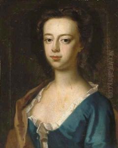 Portrait of a lady, bust-length, in a blue dress and brown wrap