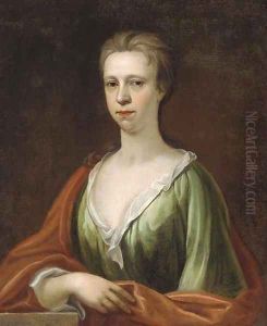 Portrait of a lady, bust-length, in a green dress and red wrap