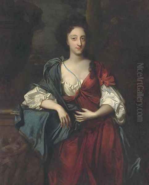 Portrait of a lady, standing three-quarter length, wearing a red and white dress with a blue wrap, her right arm on a ledge with an urn - view 1