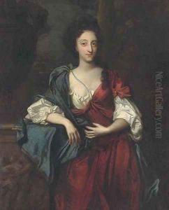 Portrait of a lady, standing three-quarter length, wearing a red and white dress with a blue wrap, her right arm on a ledge with an urn by Sir Godfrey Kneller