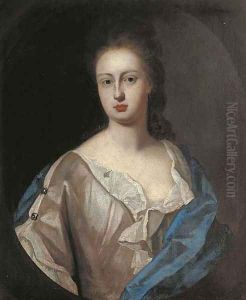 Portrait of Lady Powis, bust-length, in a white dress and blue wrap, feigned oval by Sir Godfrey Kneller
