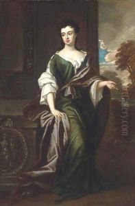 Portrait of Margaret, Countess of Ranelagh (1673-1727), full-length, in a green and white dress, burgundy wrap, a river landscape beyond