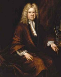 Portrait of a gentleman, seated three-quarter-length, in a brown robe and white cravat, by a writing table by Sir Godfrey Kneller