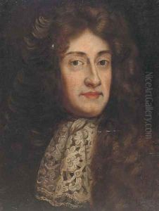Portrait of a gentlman, bust-length, in a full wig and lace tie by Sir Godfrey Kneller
