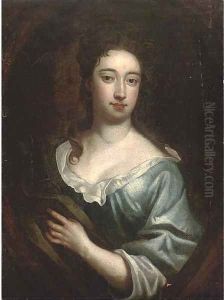 Portrait of a lady, bust-length, in a blue dress and brown wrap, feigned oval by Sir Godfrey Kneller