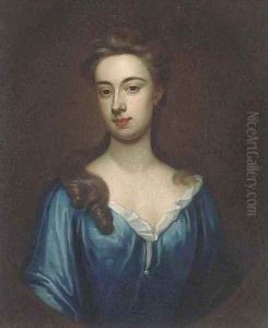 Portrait of a lady, bust-length, in a blue dress, in a feigned oval by Sir Godfrey Kneller