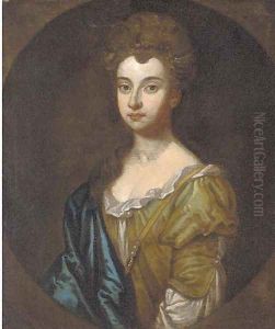 Portrait of a lady, bust-length, in a green dress and blue wrap