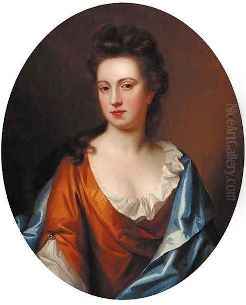 Portrait of a lady, half-length, in a gold dress with a blue wrap, feigned oval - view 1