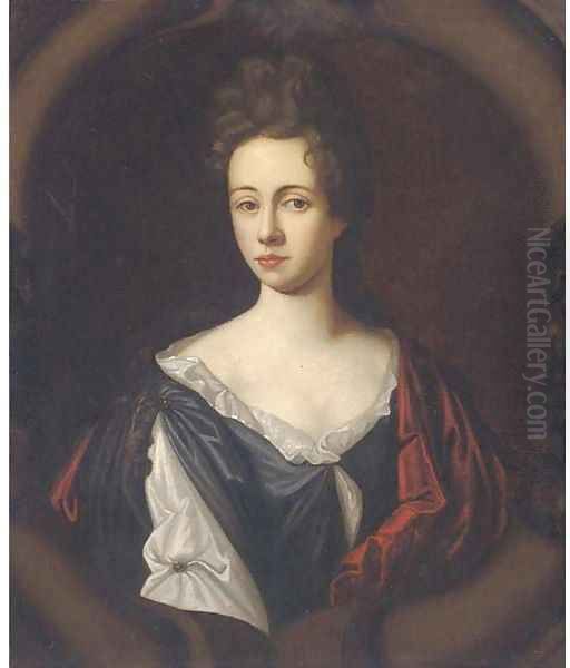 Portrait of a lady, half-length, wearing a white and black dress with a red wrap, in a sculpted cartouche - view 1