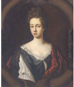 Portrait of a lady, half-length, wearing a white and black dress with a red wrap, in a sculpted cartouche
