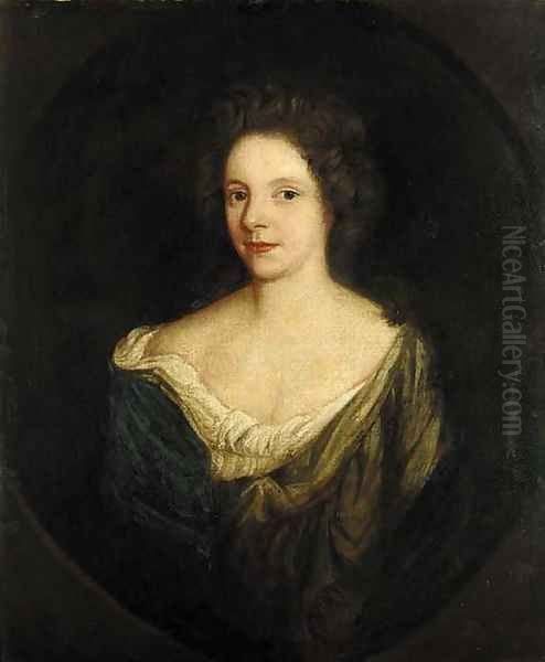 Portrait of a lady, quarter-length, in a green dress with a blue wrap, feigned oval - view 1