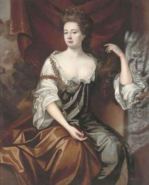 Portrait of a lady, seated half-length, in a green dress with a brown wrap, a landscape beyond - view 1