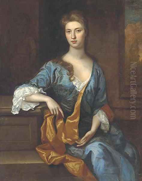 Portrait of a lady, seated three-quarter-length, in a blue dress and gold wrap, resting her arm on a plinth, a landscape beyond - view 1
