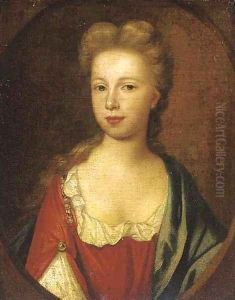 Portrait of a lady, small bust-length, in a red dress and green wrap by Sir Godfrey Kneller