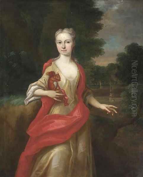 Portrait of a lady, three-quarter-length, in a yellow dress and scarlet wrap, holding a squirrel in her right hand, in an extensive landscape - view 1
