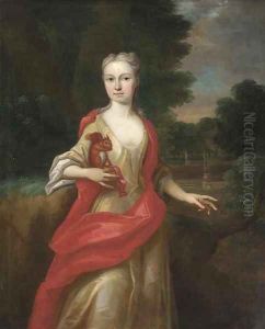 Portrait of a lady, three-quarter-length, in a yellow dress and scarlet wrap, holding a squirrel in her right hand, in an extensive landscape by Sir Godfrey Kneller