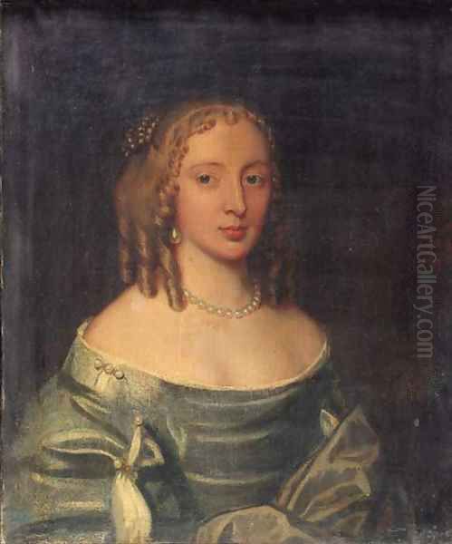 Portrait of a noblewoman, bust length, wearing a blue silk dress with grey wrap and pearl necklace - view 1