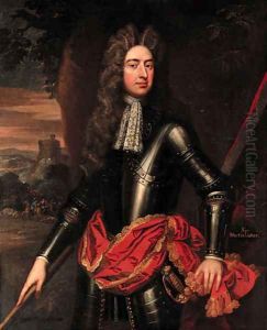 Portrait of an Officer, three-quarter-length, in armour, with a red sash, holding a baton, a cavalry skirmish below a castle beyond by Sir Godfrey Kneller
