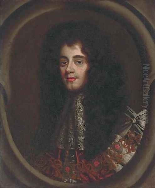 Portrait of Charles II (1630-1685), bust-length, in ceremonial robes and a lace jabot, feigned oval - view 1