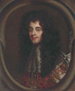 Portrait of Charles II (1630-1685), bust-length, in ceremonial robes and a lace jabot, feigned oval